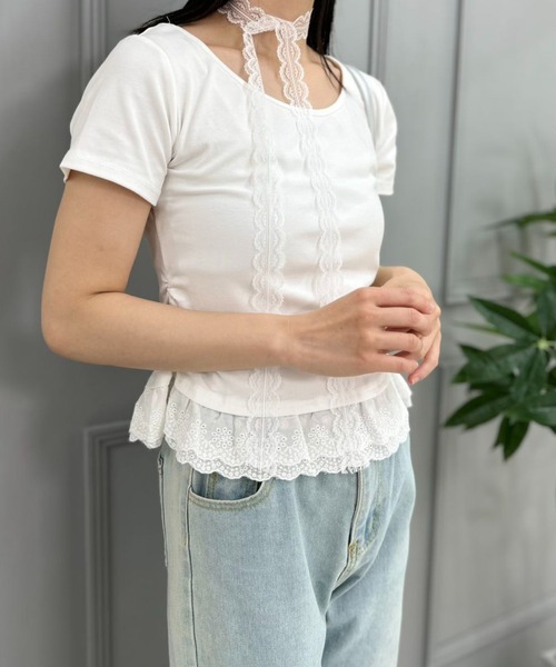 mebole(メボレ)の「lace scarf T-shirt(Tシャツ/カットソー・レディース・ブルー/ホワイト・FREE)」の5枚目の写真