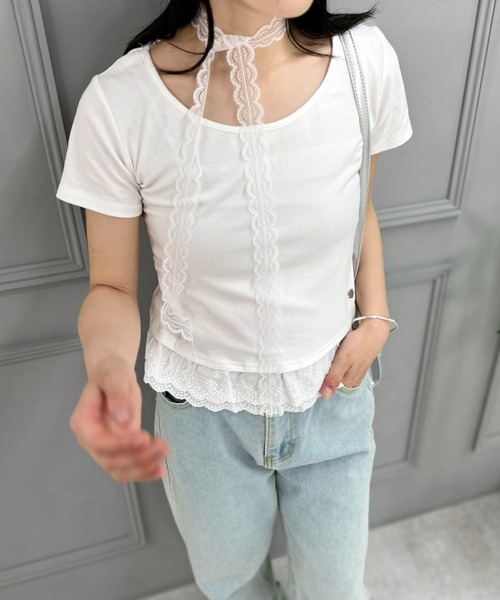mebole(メボレ)の「lace scarf T-shirt(Tシャツ/カットソー・レディース・ブルー/ホワイト・FREE)」の4枚目の写真