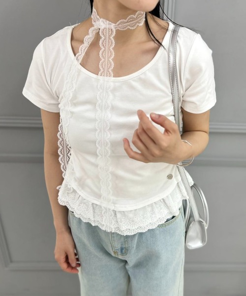 mebole(メボレ)の「lace scarf T-shirt(Tシャツ/カットソー・レディース・ブルー/ホワイト・FREE)」の9枚目の写真