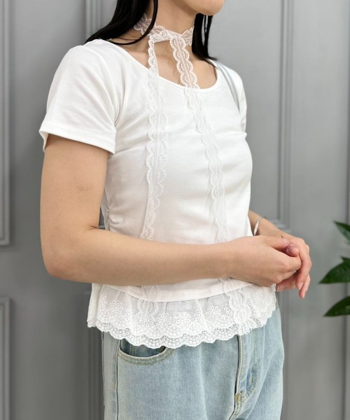 mebole(メボレ)の「lace scarf T-shirt(Tシャツ/カットソー・レディース・ブルー/ホワイト・FREE)」の10枚目の写真