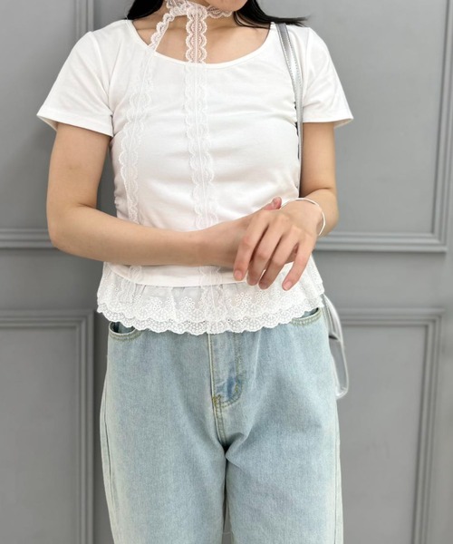 mebole(メボレ)の「lace scarf T-shirt(Tシャツ/カットソー・レディース・ブルー/ホワイト・FREE)」の12枚目の写真
