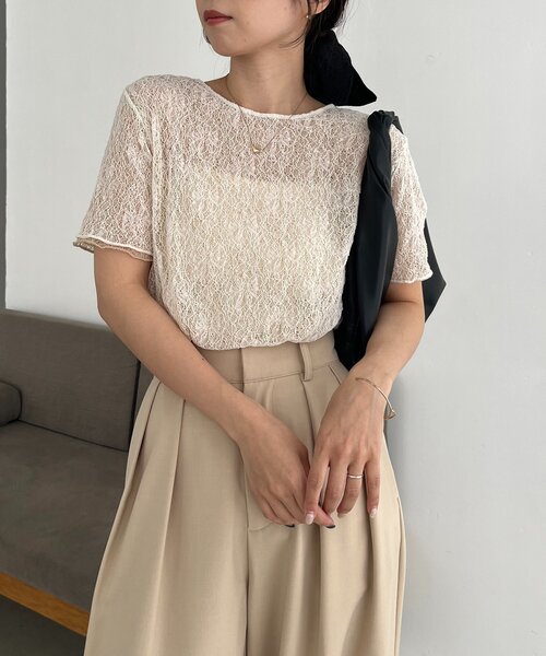 CAPRICIEUX LE'MAGE 【1枚で二役】 レースリバ半袖Tシャツ セール】【1枚で二役】レースリバ半袖Tシャツ（Tシャツ