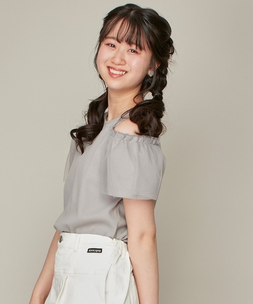 JENNI love(ジェニィラブ)の「そでチュールフリル重ねテレコトップス(Tシャツ/カットソー・キッズ・ピンク/オフホワイト/グレー・130cm/140cm/150cm/160cm)」の3枚目の写真