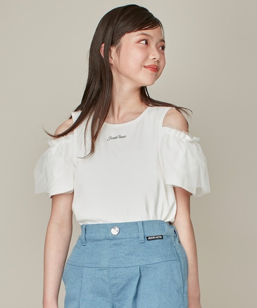 JENNI love(ジェニィラブ)の「そでチュールフリル重ねテレコトップス(Tシャツ/カットソー・キッズ・ピンク/オフホワイト/グレー・130cm/140cm/150cm/160cm)」の2枚目の写真