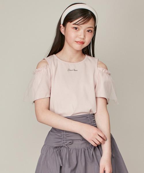JENNI love(ジェニィラブ)の「そでチュールフリル重ねテレコトップス(Tシャツ/カットソー・キッズ・ピンク/オフホワイト/グレー・130cm/140cm/150cm/160cm)」の1枚目の写真