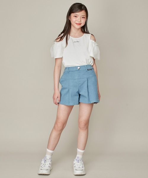 JENNI love(ジェニィラブ)の「そでチュールフリル重ねテレコトップス(Tシャツ/カットソー・キッズ・ピンク/オフホワイト/グレー・130cm/140cm/150cm/160cm)」の6枚目の写真