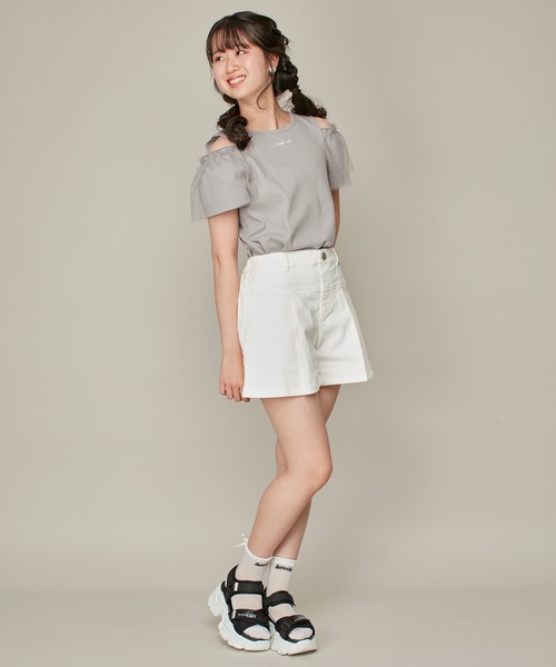 JENNI love(ジェニィラブ)の「そでチュールフリル重ねテレコトップス(Tシャツ/カットソー・キッズ・ピンク/オフホワイト/グレー・130cm/140cm/150cm/160cm)」の10枚目の写真