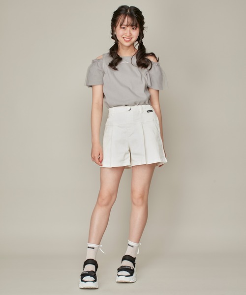 JENNI love(ジェニィラブ)の「そでチュールフリル重ねテレコトップス(Tシャツ/カットソー・キッズ・ピンク/オフホワイト/グレー・130cm/140cm/150cm/160cm)」の9枚目の写真