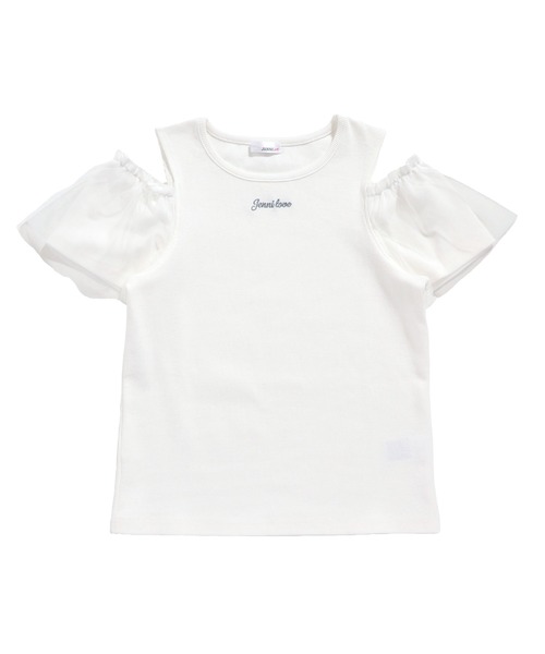 JENNI love(ジェニィラブ)の「そでチュールフリル重ねテレコトップス(Tシャツ/カットソー・キッズ・ピンク/オフホワイト/グレー・130cm/140cm/150cm/160cm)」の13枚目の写真