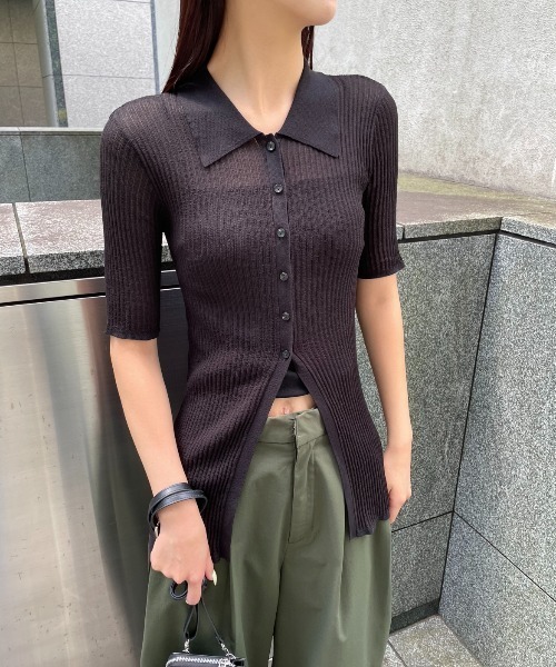AIC.(エーアイシー)の「シアーリブポロニットトップス(その他トップス・レディース・オフホワイト/ブラック/ブラウン・FREE)」の5枚目の写真