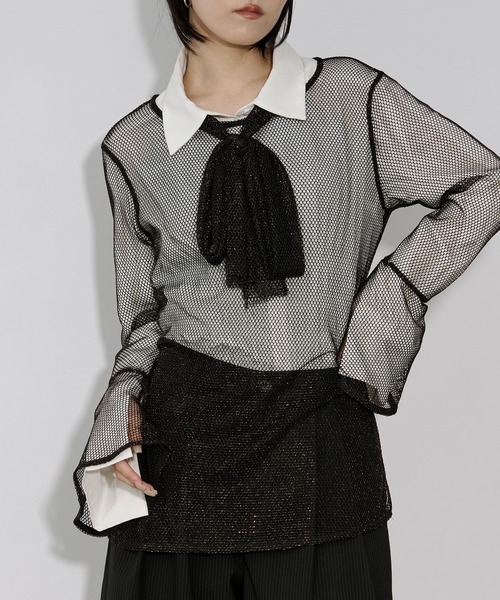 Ezick(エジック)の「Glitter mesh bowtie set 2Pメッシュプルオーバー(Tシャツ/カットソー・レディース・オフホワイト/ブラック・FREE)」の1枚目の写真