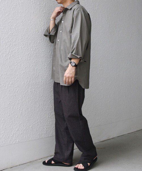 Y's リネン 長袖プルオーバー スキッパー ブラウス シャツ 濃紺 1 SHIPS any: コットン/リネン 7分袖 スキッパー プルオーバー シャツ