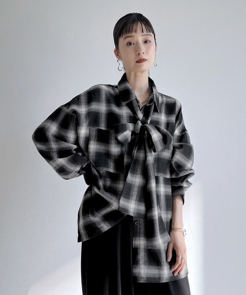 セール】ボウタイ付きチェックシャツ（シャツ/ブラウス）｜Yeoun