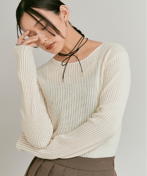 W:Huku(フーク)の「リブ コットン ニット トップス / Lightweight Ribbed Cotton Knit Top(ニット/セーター・レディース・ワイン/イエロー/ブルー/オフホワイト/レッド系・FREE)」の2枚目の写真