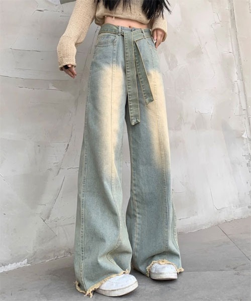 Mayree(メイリー)の「【Mayree】デニムベルト付き ウォッシュ ワイド デニムパンツ(デニムパンツ・レディース・ブルー・LARGE/MEDIUM/SMALL)」の3枚目の写真