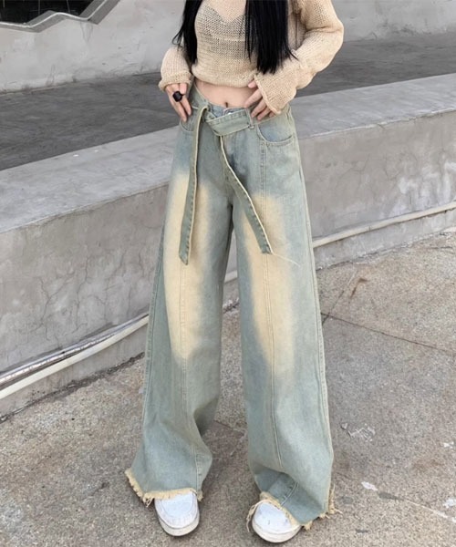 Mayree(メイリー)の「【Mayree】デニムベルト付き ウォッシュ ワイド デニムパンツ(デニムパンツ・レディース・ブルー・LARGE/MEDIUM/SMALL)」の4枚目の写真