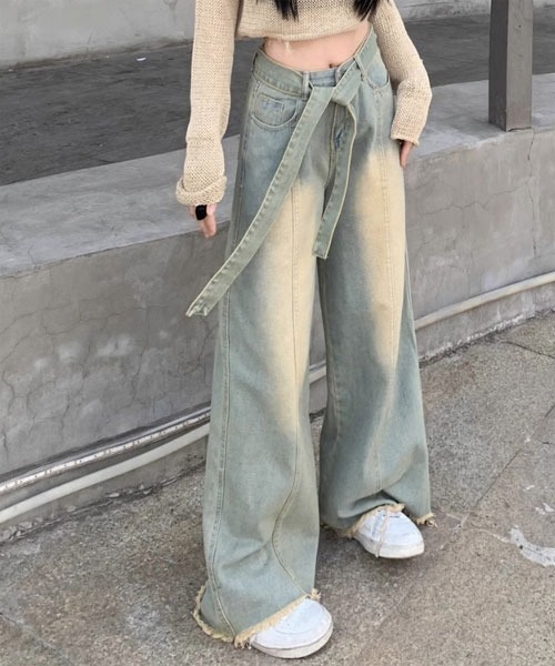 Mayree(メイリー)の「【Mayree】デニムベルト付き ウォッシュ ワイド デニムパンツ(デニムパンツ・レディース・ブルー・LARGE/MEDIUM/SMALL)」の5枚目の写真