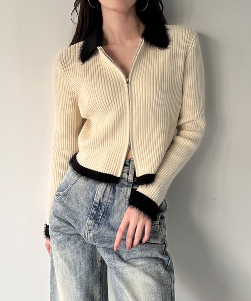 junoah（ジュノア）の「バイカラーシャギーダブルジップニット（ニット/セーター・レディース・チャコール/アイボリー/ブラック・LARGE/MEDIUM）」の8枚目の写真