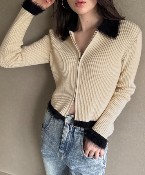 junoah（ジュノア）の「バイカラーシャギーダブルジップニット（ニット/セーター・レディース・チャコール/アイボリー/ブラック・LARGE/MEDIUM）」の9枚目の写真