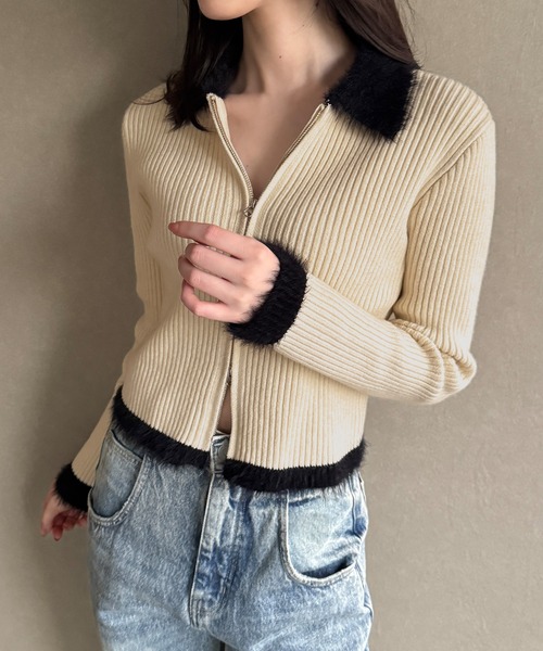 junoah（ジュノア）の「バイカラーシャギーダブルジップニット（ニット/セーター・レディース・チャコール/アイボリー/ブラック・LARGE/MEDIUM）」の10枚目の写真