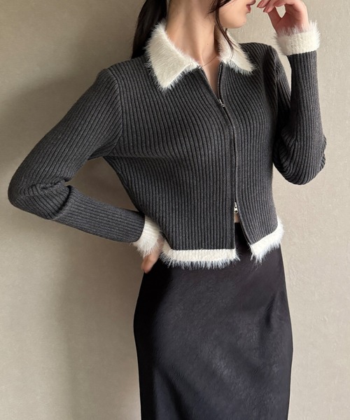 junoah（ジュノア）の「バイカラーシャギーダブルジップニット（ニット/セーター・レディース・チャコール/アイボリー/ブラック・LARGE/MEDIUM）」の15枚目の写真
