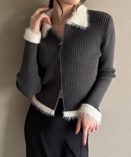 junoah（ジュノア）の「バイカラーシャギーダブルジップニット（ニット/セーター・レディース・チャコール/アイボリー/ブラック・LARGE/MEDIUM）」の16枚目の写真