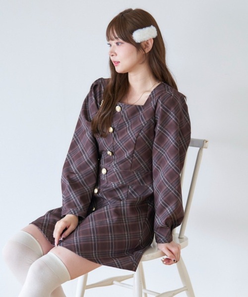 りぃ❣️ アンサンブルチェックミニワンピース ブラウン スクエアチェックミニワンピース（ワンピース）｜Another Branch olive