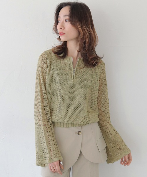 CLEIO（クレイオ）の「【CLEIO】透かし編みジッププルオーバー OPEN-KNIT ZIP PULLOVER/986-14607（ニット/セーター・レディース・ライトカーキ/ブラウン/アイボリー・FREE）」の3枚目の写真