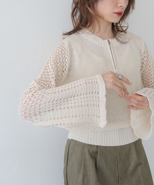 CLEIO（クレイオ）の「【CLEIO】透かし編みジッププルオーバー OPEN-KNIT ZIP PULLOVER/986-14607（ニット/セーター・レディース・ライトカーキ/ブラウン/アイボリー・FREE）」の16枚目の写真