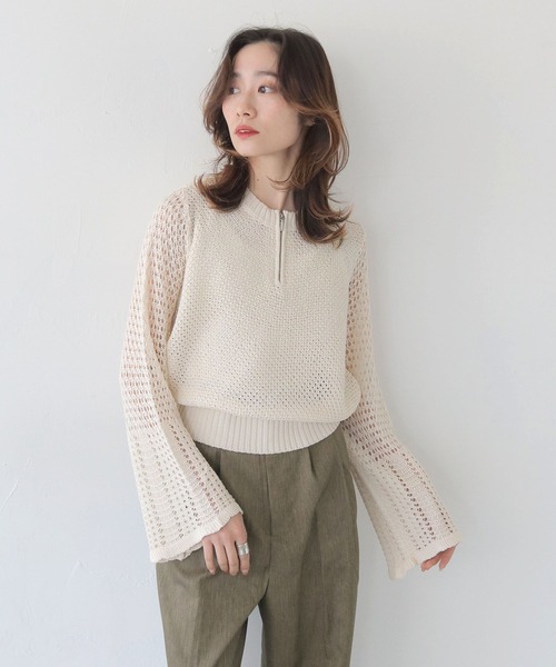 CLEIO（クレイオ）の「【CLEIO】透かし編みジッププルオーバー OPEN-KNIT ZIP PULLOVER/986-14607（ニット/セーター・レディース・ライトカーキ/ブラウン/アイボリー・FREE）」の4枚目の写真
