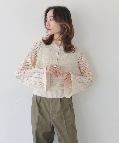 CLEIO（クレイオ）の「【CLEIO】透かし編みジッププルオーバー OPEN-KNIT ZIP PULLOVER/986-14607（ニット/セーター・レディース・ライトカーキ/ブラウン/アイボリー・FREE）」の5枚目の写真