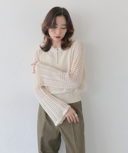CLEIO（クレイオ）の「【CLEIO】透かし編みジッププルオーバー OPEN-KNIT ZIP PULLOVER/986-14607（ニット/セーター・レディース・ライトカーキ/ブラウン/アイボリー・FREE）」の6枚目の写真