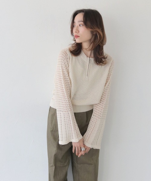 CLEIO（クレイオ）の「【CLEIO】透かし編みジッププルオーバー OPEN-KNIT ZIP PULLOVER/986-14607（ニット/セーター・レディース・ライトカーキ/ブラウン/アイボリー・FREE）」の7枚目の写真
