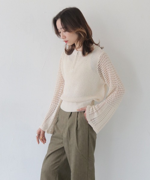 CLEIO（クレイオ）の「【CLEIO】透かし編みジッププルオーバー OPEN-KNIT ZIP PULLOVER/986-14607（ニット/セーター・レディース・ライトカーキ/ブラウン/アイボリー・FREE）」の8枚目の写真