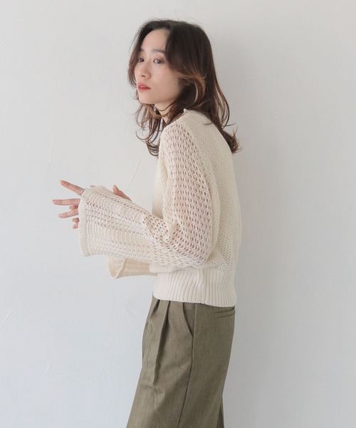 CLEIO（クレイオ）の「【CLEIO】透かし編みジッププルオーバー OPEN-KNIT ZIP PULLOVER/986-14607（ニット/セーター・レディース・ライトカーキ/ブラウン/アイボリー・FREE）」の9枚目の写真