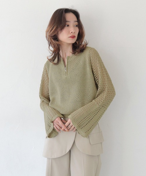 CLEIO（クレイオ）の「【CLEIO】透かし編みジッププルオーバー OPEN-KNIT ZIP PULLOVER/986-14607（ニット/セーター・レディース・ライトカーキ/ブラウン/アイボリー・FREE）」の21枚目の写真