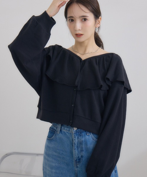 RU.TI.LE(ルチル)の「【RU.TI.LE】 ネックフリルカットカーディガン(カーディガン/ボレロ・レディース・チャコールグレー/ブラック・MEDIUM)」の2枚目の写真