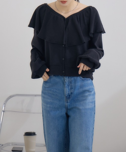 RU.TI.LE(ルチル)の「【RU.TI.LE】 ネックフリルカットカーディガン(カーディガン/ボレロ・レディース・チャコールグレー/ブラック・MEDIUM)」の12枚目の写真