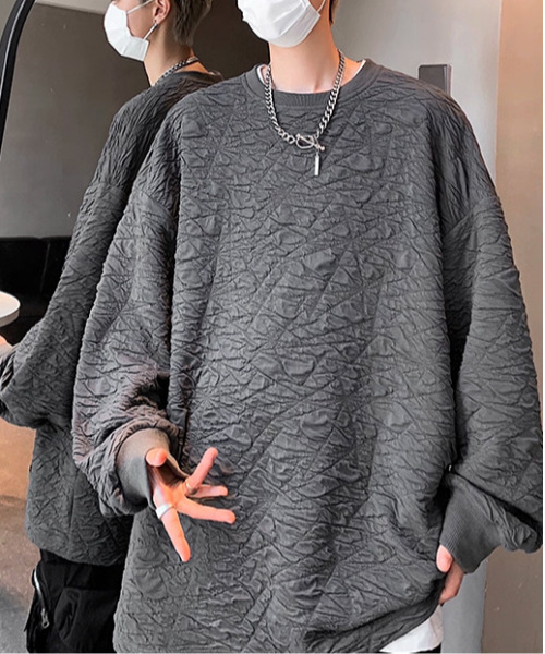 FVLMEN(フルメン)の「【FVLMEN】crease effect longsleeve crewneck tee/シワ加工 ロングスリーブ クルーネック T(Tシャツ/カットソー・メンズ・チャコールグレー/ホワイト/ブラック・MEDIUM/LARGE/X-LARGE)」の3枚目の写真