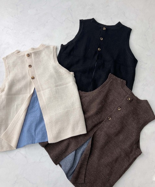 セール】♪ケーブル編み切替えデザイン 後ろボタンニットベスト