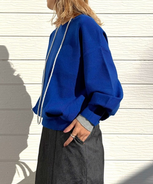 Q（キュー）の「やわもちぽわん袖配色ニット（ニット/セーター・レディース・ライム/ネイビー/ライトブルー/ライトグレー/ブルー・MEDIUM）」の5枚目の写真