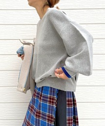 Q | やわもちぽわん袖配色ニット(ニット/セーター)