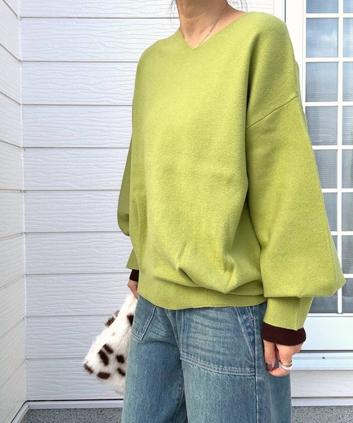 Q（キュー）の「やわもちぽわん袖配色ニット（ニット/セーター・レディース・ライム/ネイビー/ライトブルー/ライトグレー/ブルー・MEDIUM）」の14枚目の写真