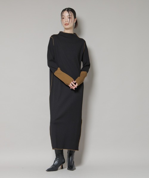 NANO universe（ナノユニバース）の「テレコリブ配色メローワンピース（ワンピース・レディース・グレー/ベージュ/ブラック・FREE）」の2枚目の写真