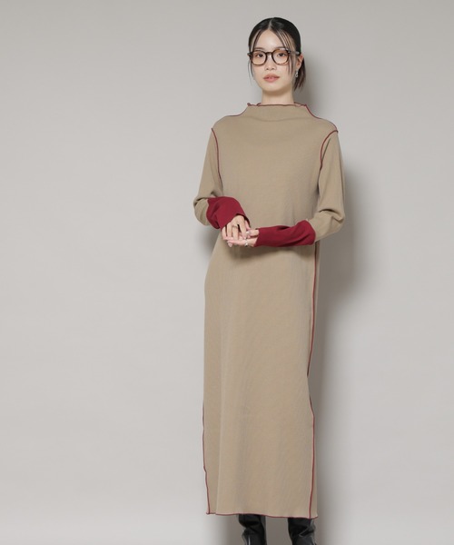 NANO universe（ナノユニバース）の「テレコリブ配色メローワンピース（ワンピース・レディース・グレー/ベージュ/ブラック・FREE）」の19枚目の写真