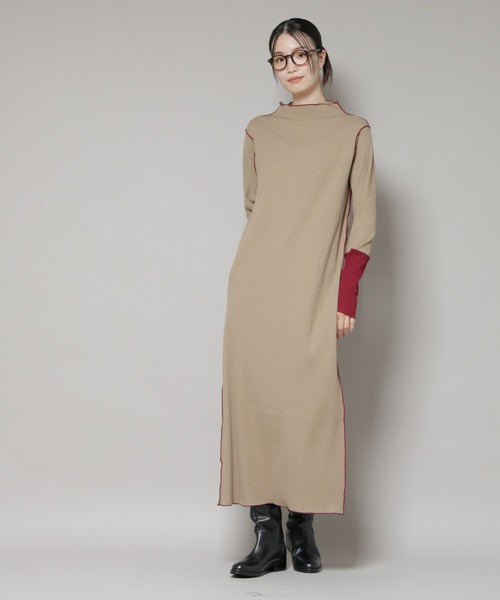 NANO universe（ナノユニバース）の「テレコリブ配色メローワンピース（ワンピース・レディース・グレー/ベージュ/ブラック・FREE）」の21枚目の写真