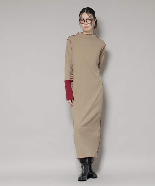 NANO universe（ナノユニバース）の「テレコリブ配色メローワンピース（ワンピース・レディース・グレー/ベージュ/ブラック・FREE）」の14枚目の写真