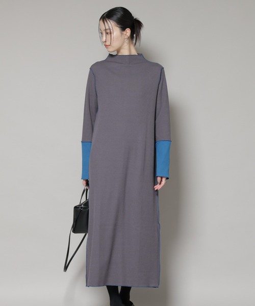NANO universe（ナノユニバース）の「テレコリブ配色メローワンピース（ワンピース・レディース・グレー/ベージュ/ブラック・FREE）」の9枚目の写真