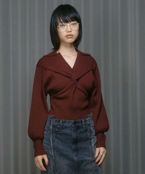 THINGS THAT MATTER（シングス ザット マター）の「TWIST POLO KNIT / ツイストポロニット（ニット/セーター・レディース・ボルドー/ブラック/オフホワイト/グレー・FREE）」の14枚目の写真