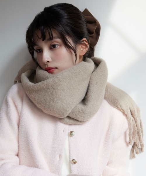 ベージュ フリンジ付きマフラー ウール メゾンキツネ フリンジマフラー スカーフ ウール ベージュ (MAISON